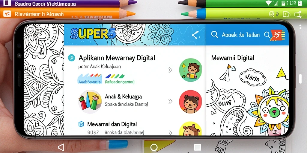 Tampilan antarmuka aplikasi Mewarnai Digital SUPER5 yang ramah anak.